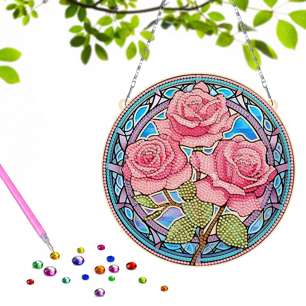 Trois Roses Roses en Acrylique Pendentif Broderie Diamant