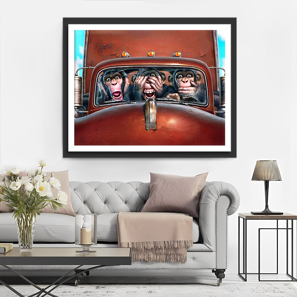 Trois Singes dans une Voiture Rouge Broderie Diamant