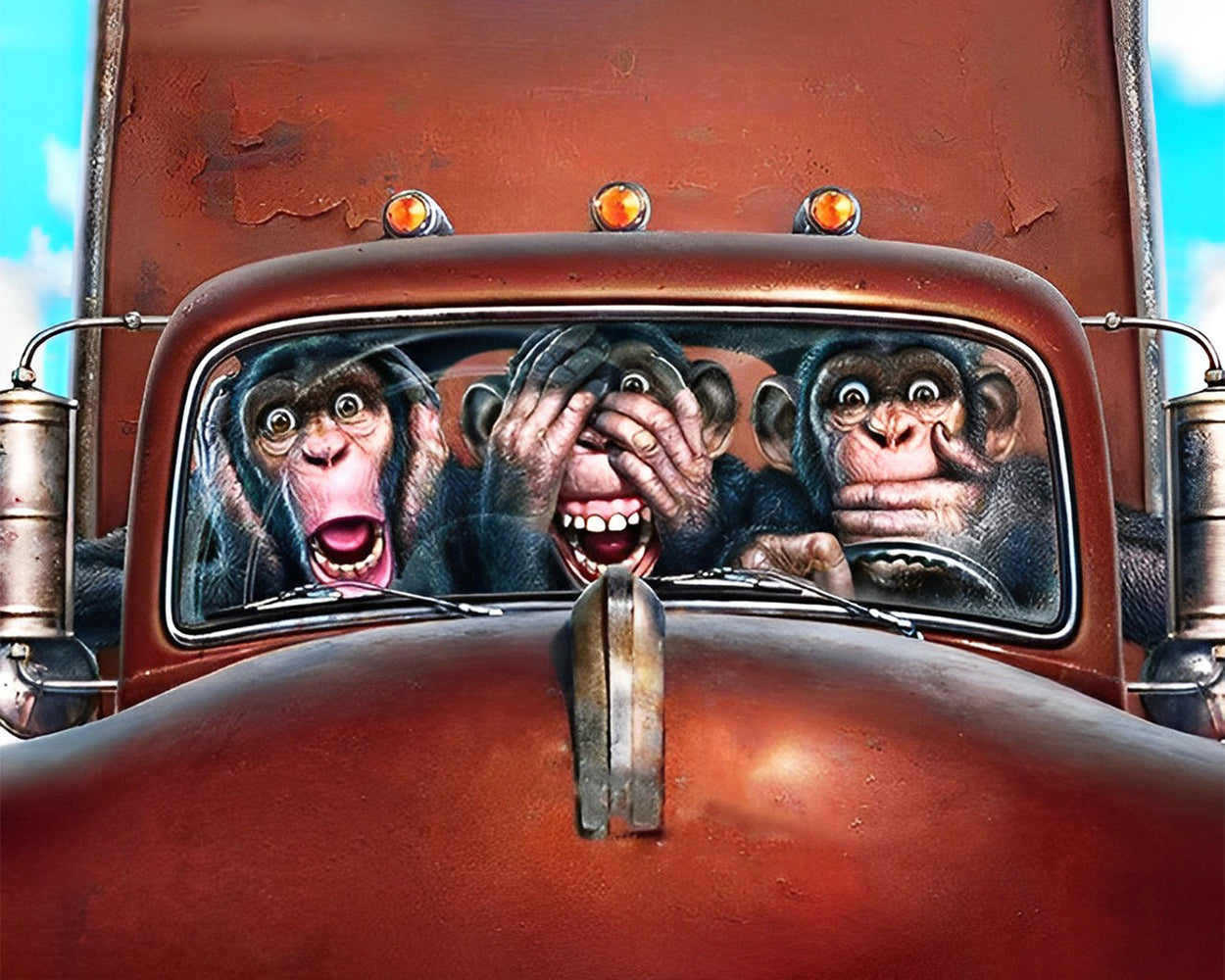 Trois Singes dans une Voiture Rouge Broderie Diamant