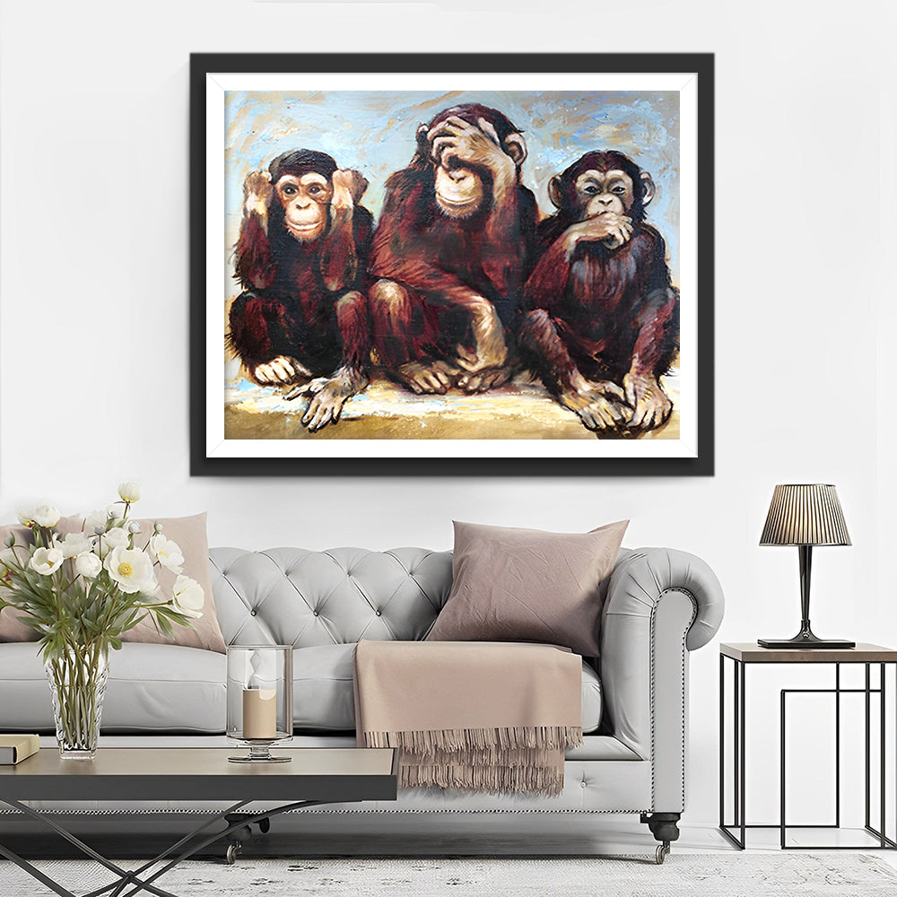 Trois Singes en Detresse Broderie Diamant