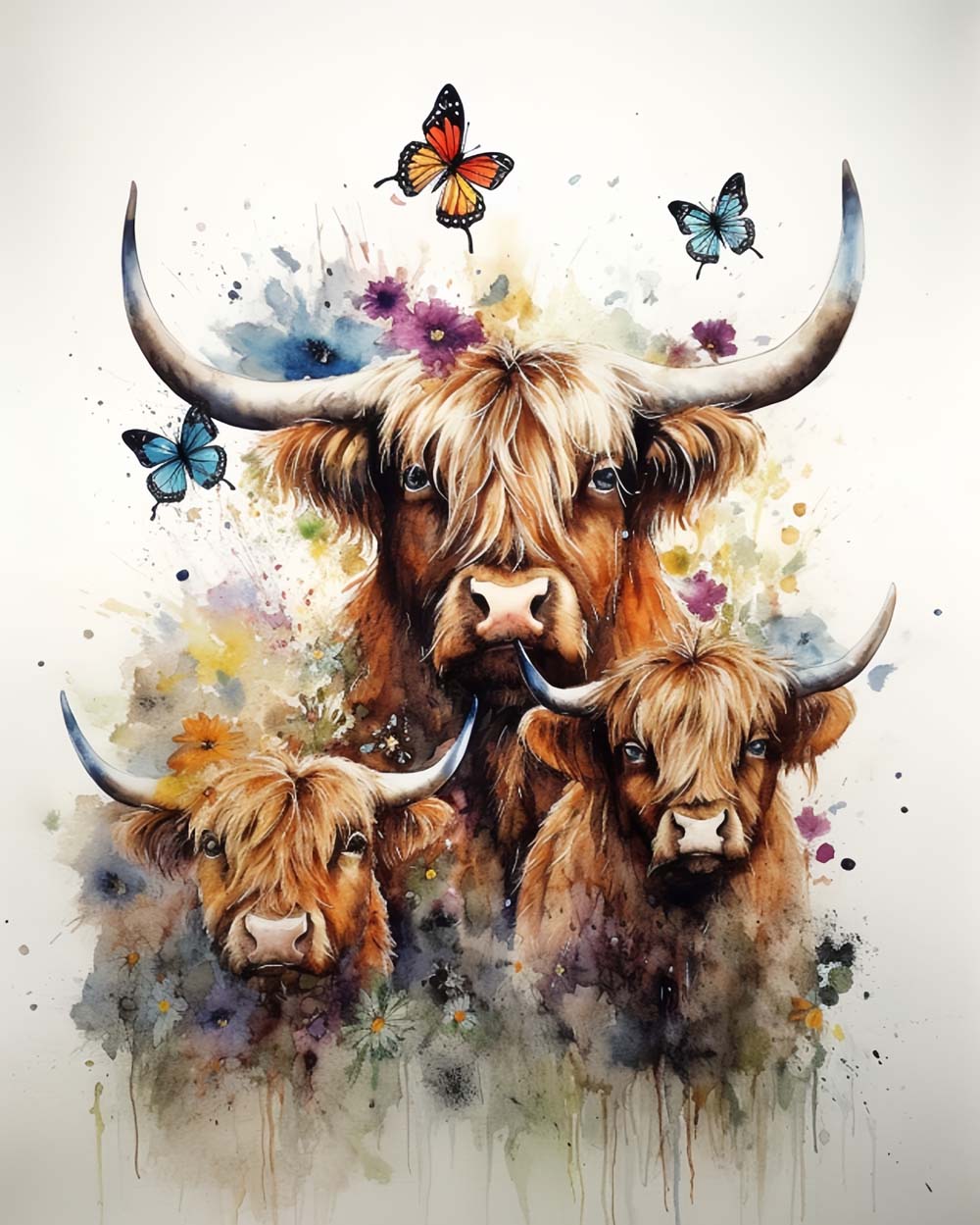 Trois Vaches Highland et Papillons Broderie Diamant