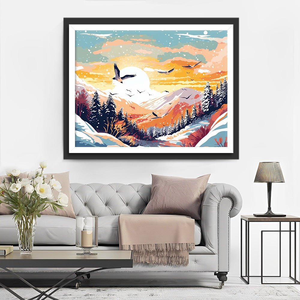 Troupeau d’Oiseaux Volant au-dessus des Montagnes Neigeuses Broderie Diamant