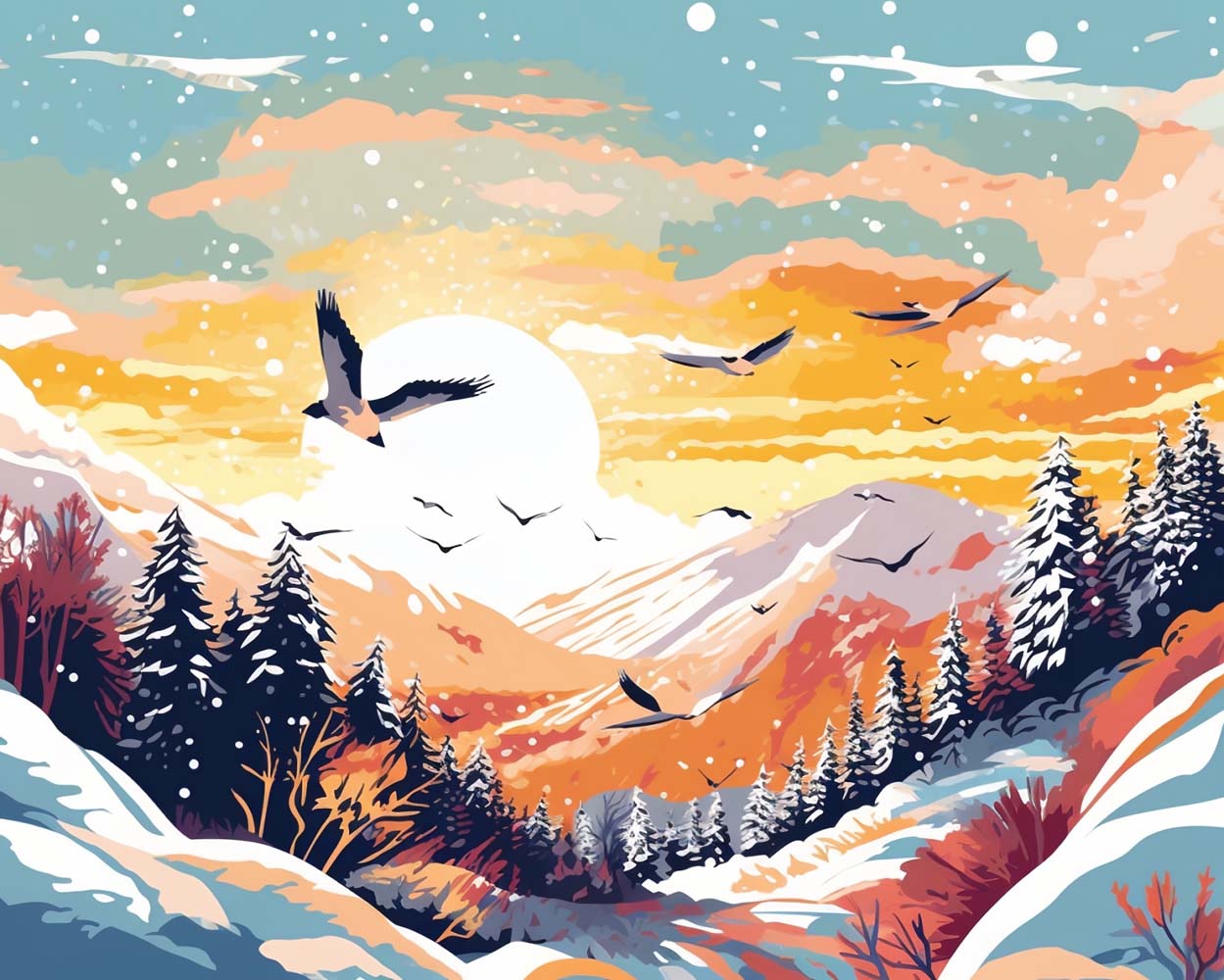 Troupeau d’Oiseaux Volant au-dessus des Montagnes Neigeuses Broderie Diamant