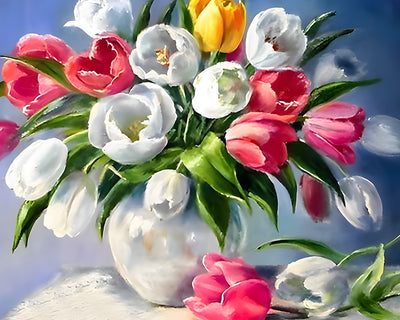 Tulipes Colorées dans un Vase Blanc Broderie Diamant