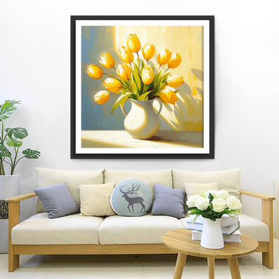 Tulipes Jaunes dans un Vase Blanc Broderie Diamant