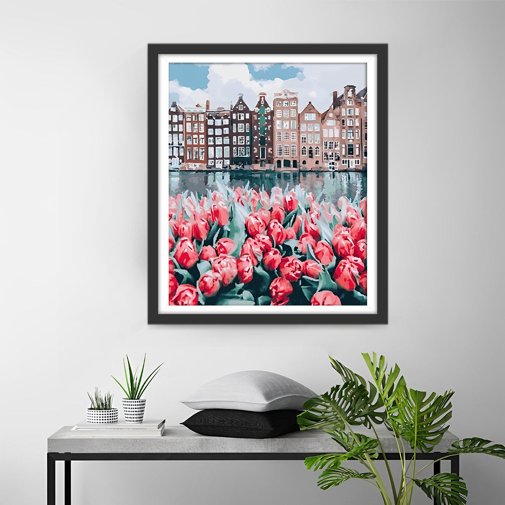 Tulipes Roses à Amsterdam Broderie Diamant