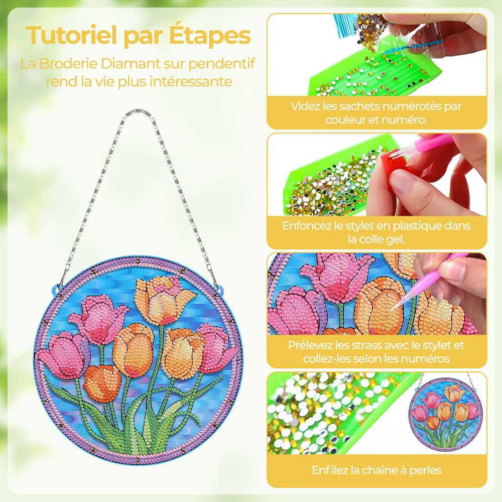 Tulipes Roses et Oranges en Acrylique Pendentif Broderie Diamant