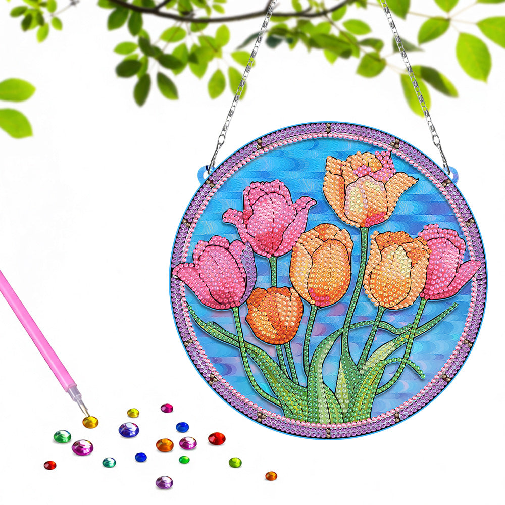 Tulipes Roses et Oranges en Acrylique Pendentif Broderie Diamant