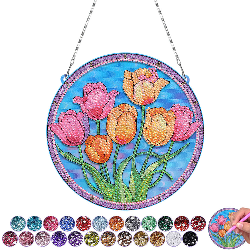 Tulipes Roses et Oranges en Acrylique Pendentif Broderie Diamant