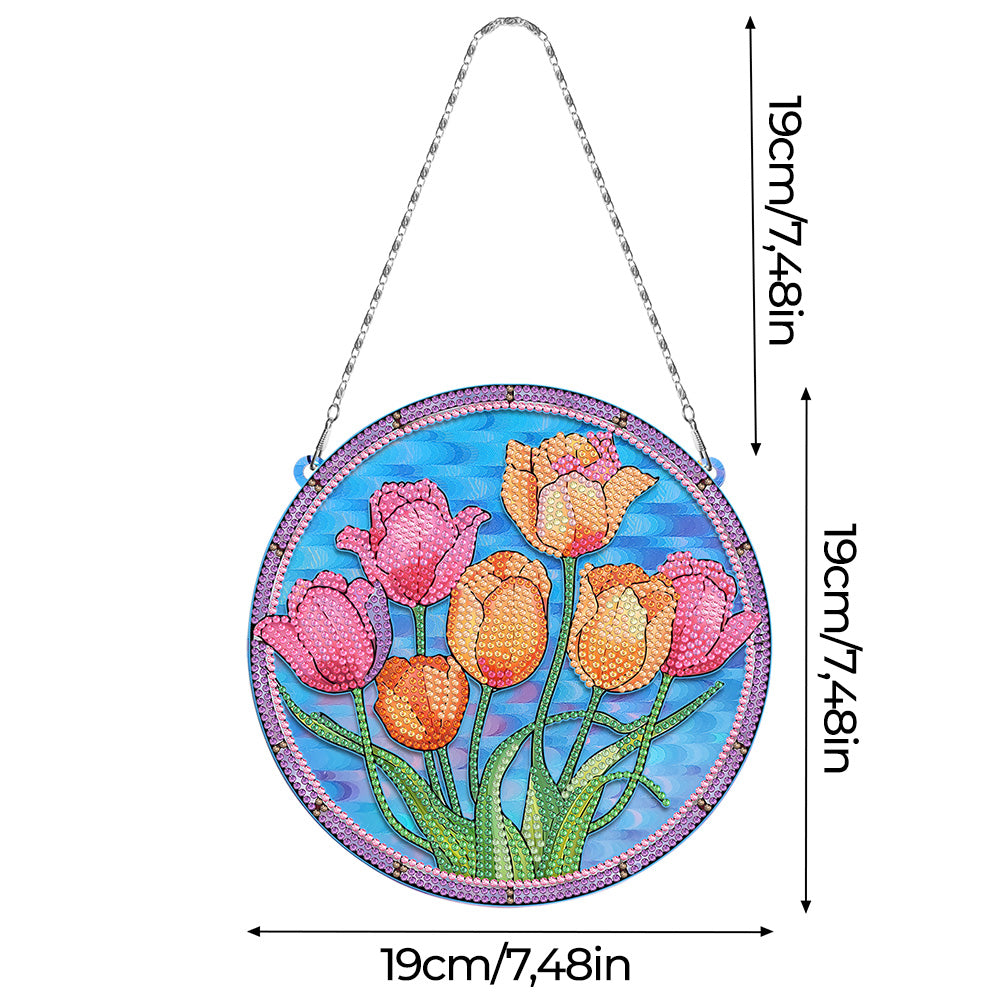 Tulipes Roses et Oranges en Acrylique Pendentif Broderie Diamant