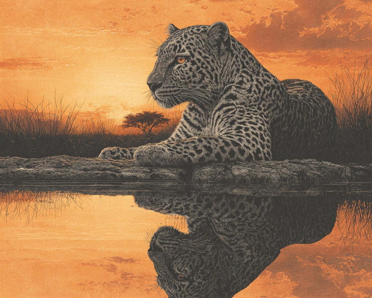 Un Léopard Couché au Bord du Lac au Crépuscule Broderie Diamant