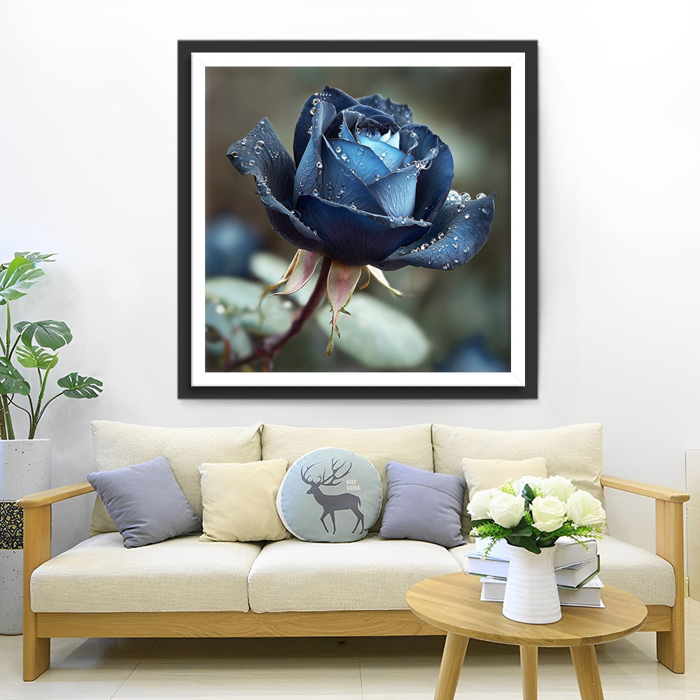 Une Rose Bleue aux Gouttes de Rosée Broderie Diamant