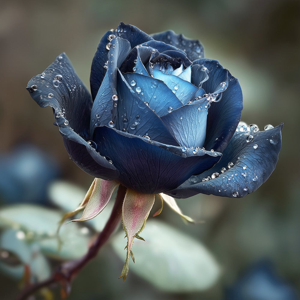 Une Rose Bleue aux Gouttes de Rosée Broderie Diamant