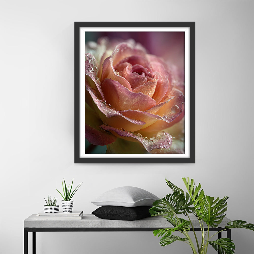 Une Rose Rose Couverte de Rosée Broderie Diamant