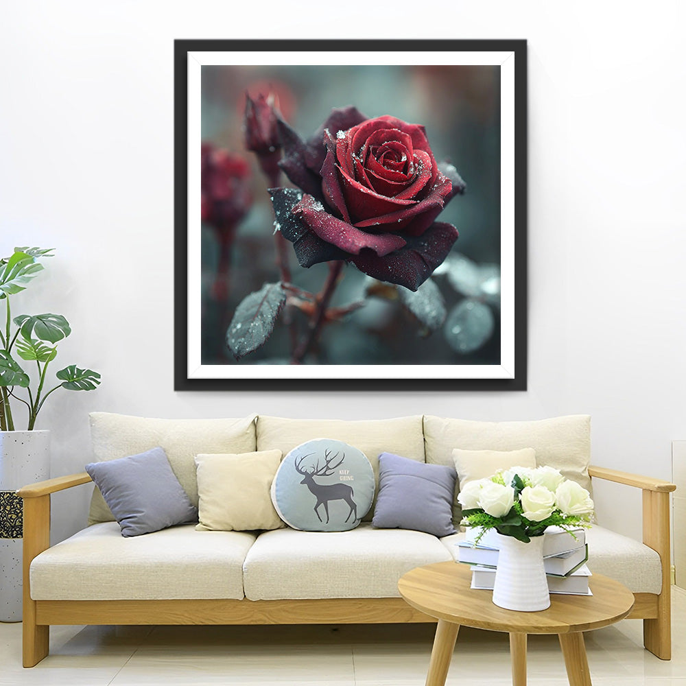 Une Rose Rouge Foncé aux Gouttes de Rosée Broderie Diamant