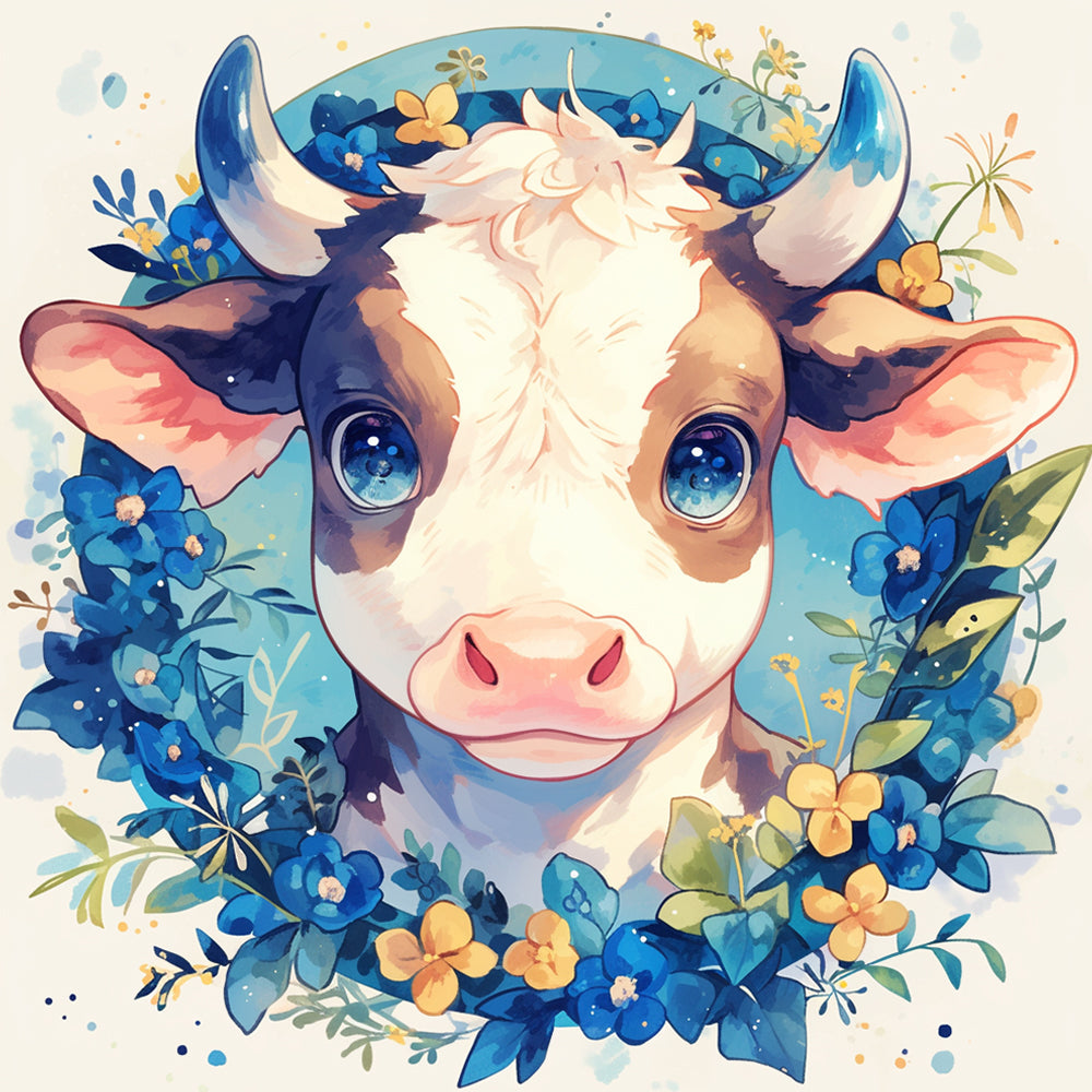 Vache Animée et Fleurs Bleues Broderie Diamant