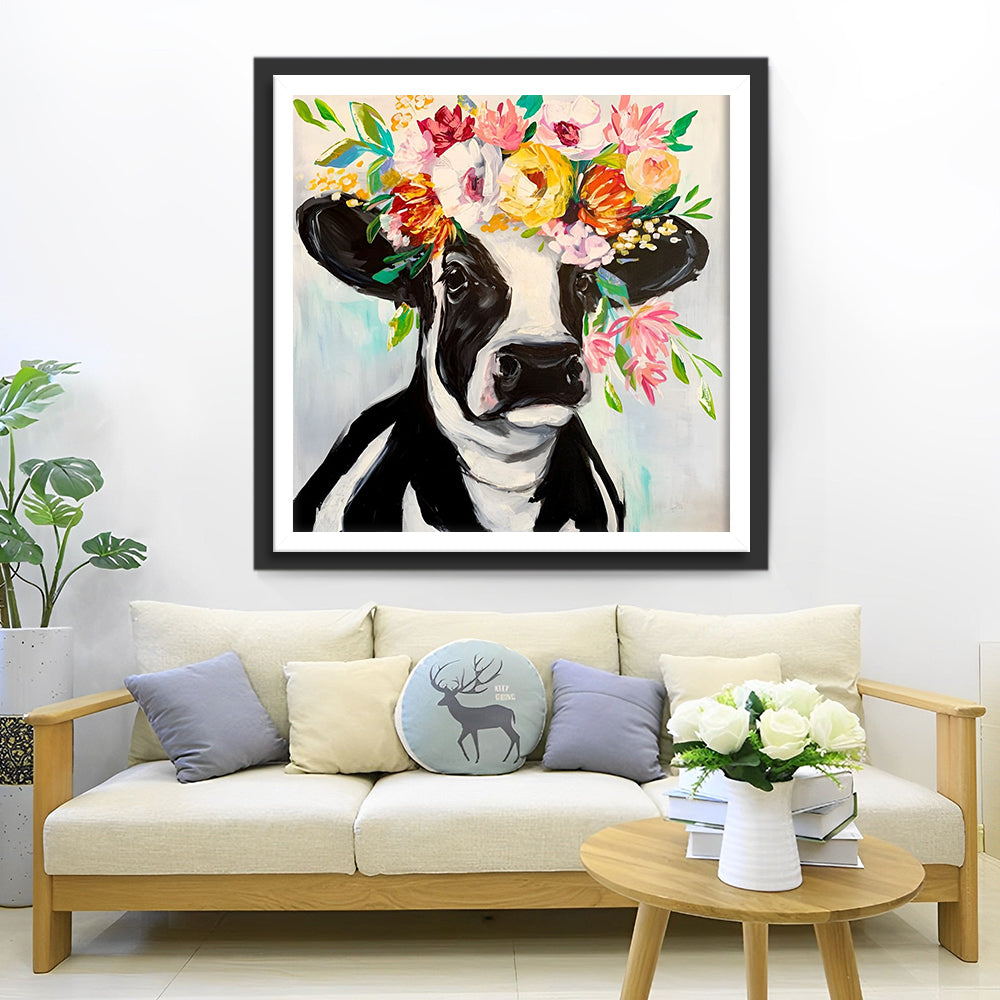 Vache avec Couronne de Fleurs Broderie Diamant