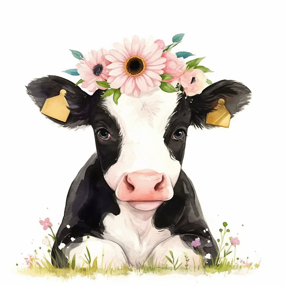 Vache avec des Marguerites Roses Broderie Diamant
