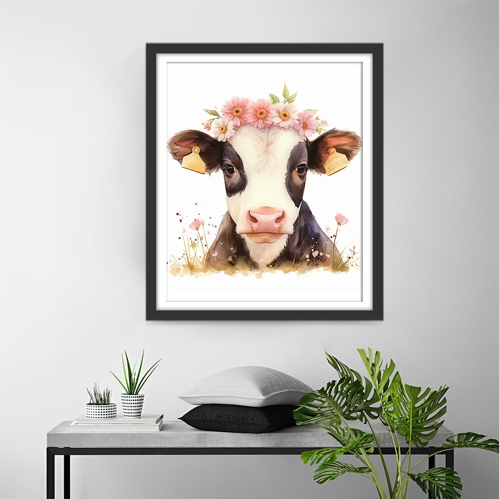Vache avec Fleurs Roses Broderie Diamant