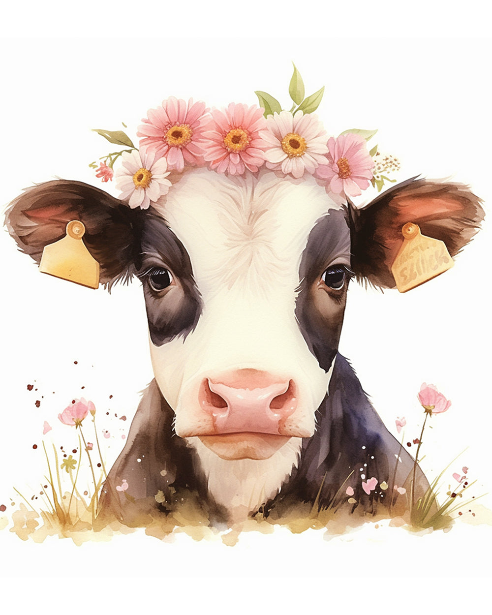 Vache avec Fleurs Roses Broderie Diamant