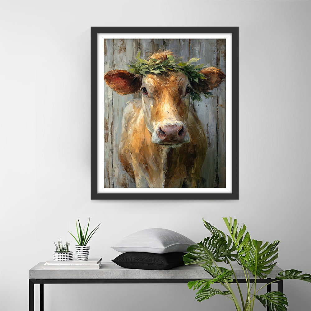 Vache devant une Planche en Bois Broderie Diamant