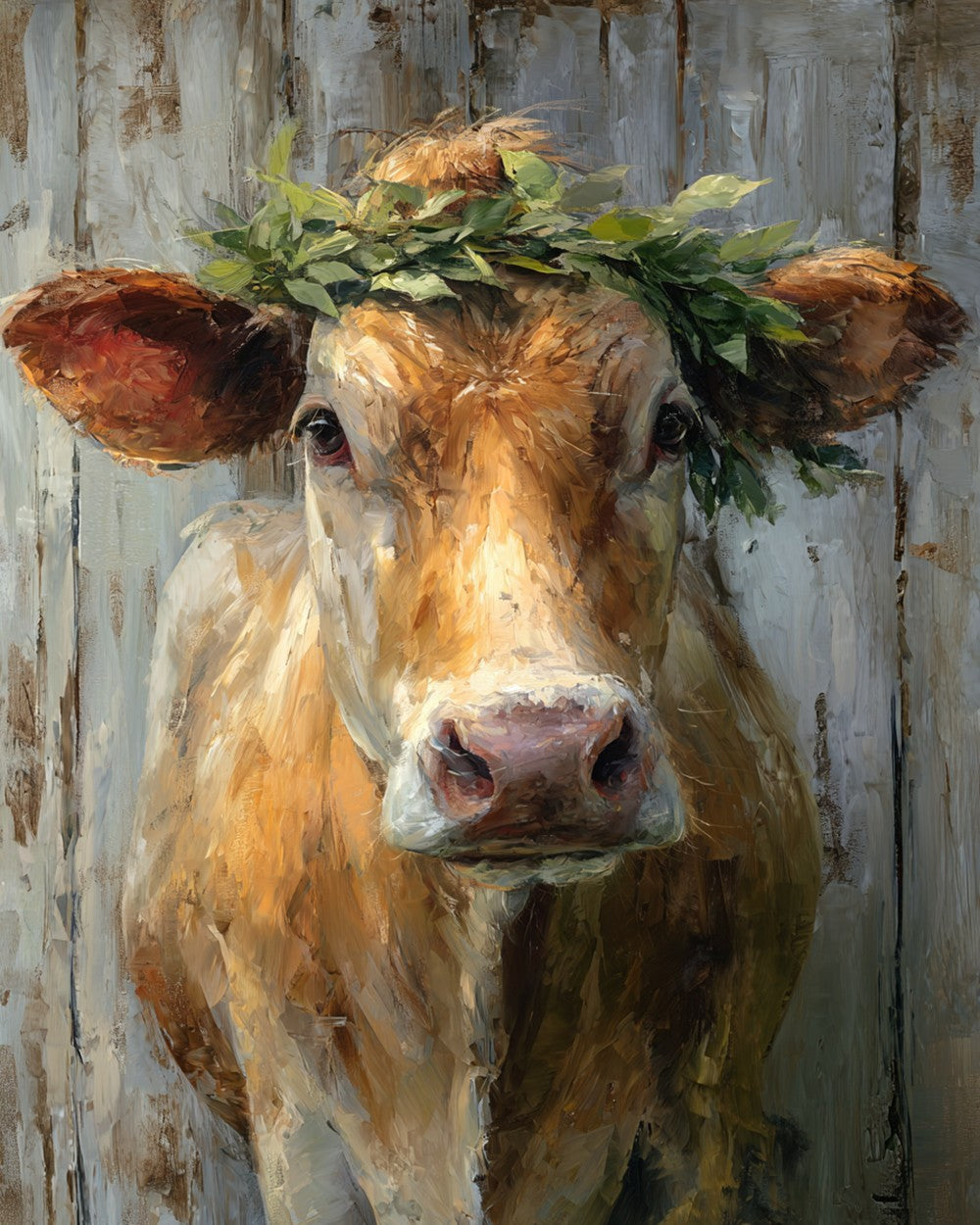 Vache devant une Planche en Bois Broderie Diamant