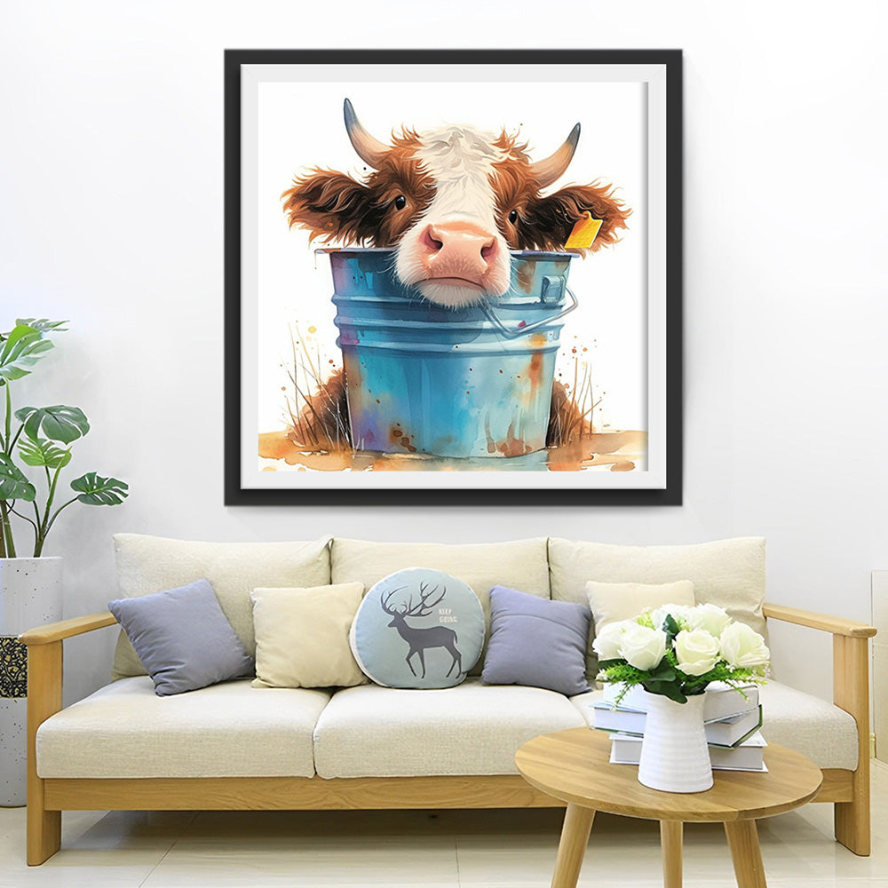 Vache et Seau Bleu Broderie Diamant