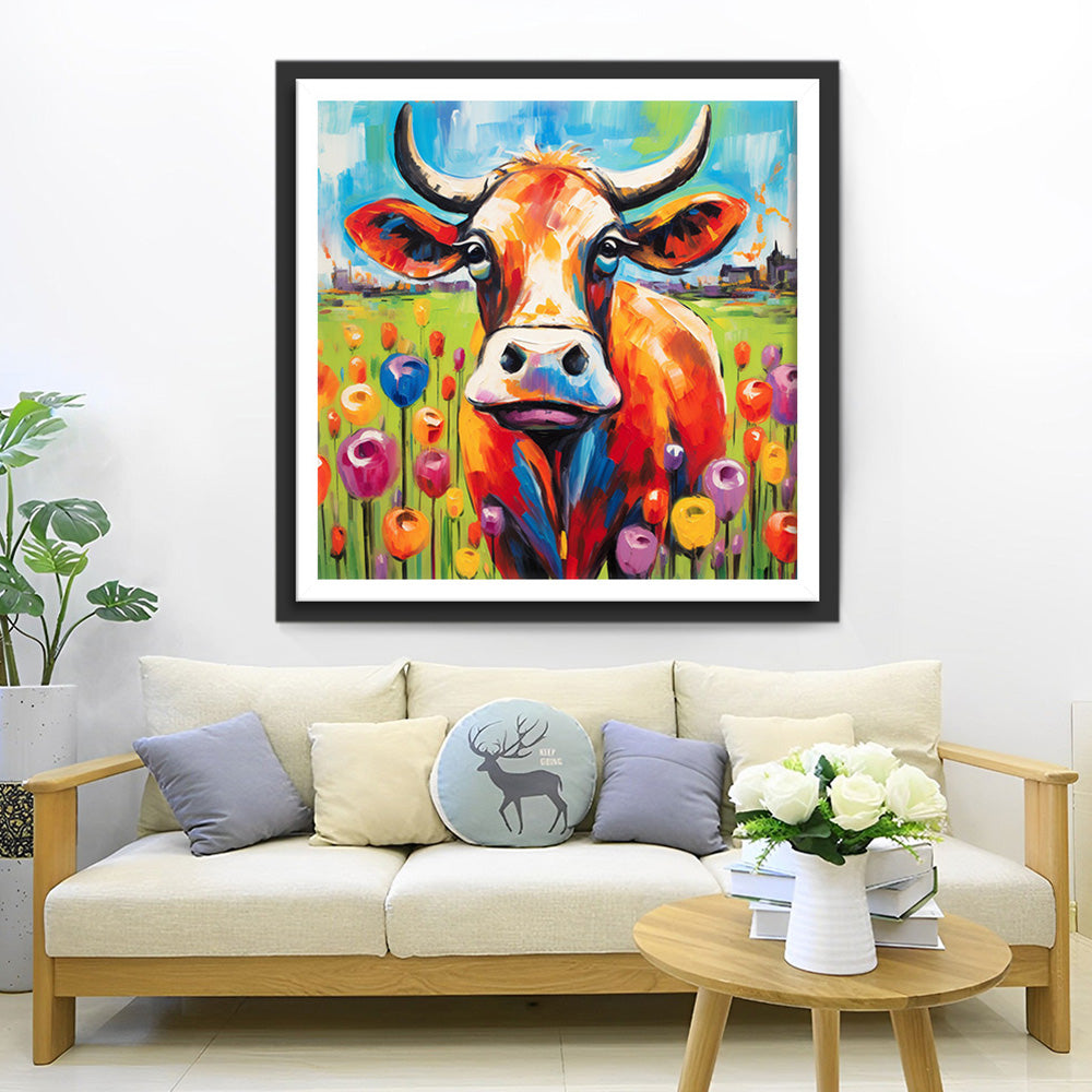 Vache et Tulipes Broderie Diamant