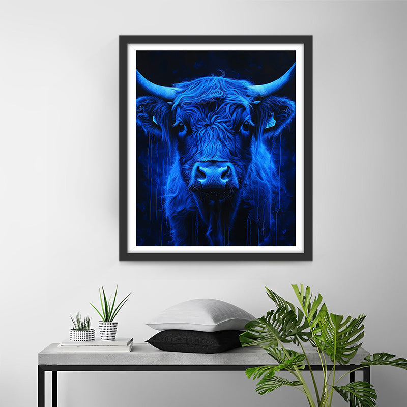 Vache Highland Bleue dans le Noir Broderie Diamant