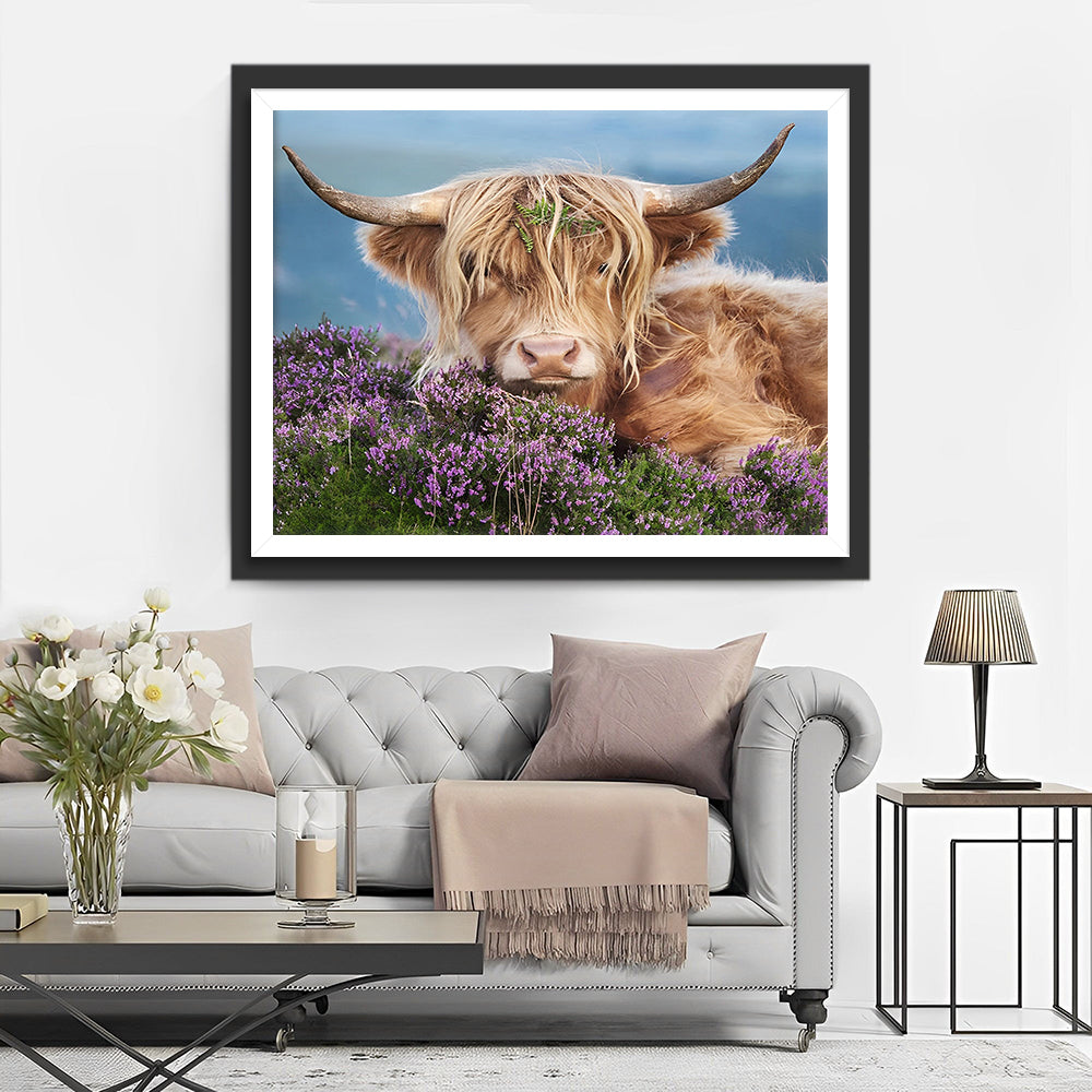 Vache Highland parmi les Fleurs Pourpres Broderie Diamant