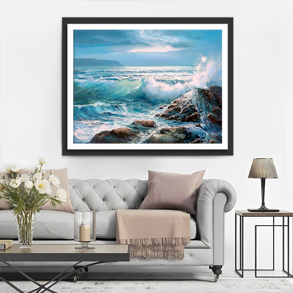 Vagues Caressant les Rochers Broderie Diamant