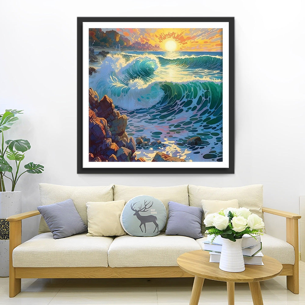 Vagues S’ecrasant sur les Rochers Broderie Diamant