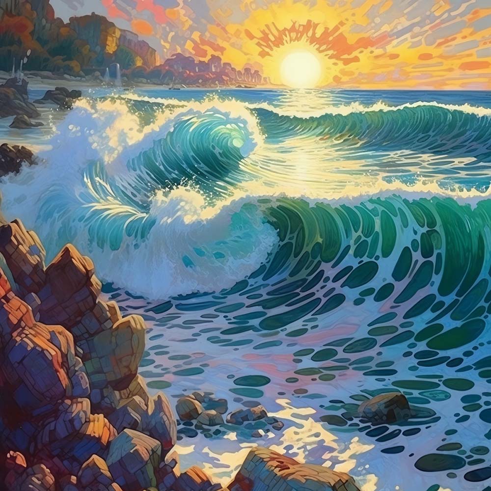 Vagues S’ecrasant sur les Rochers Broderie Diamant