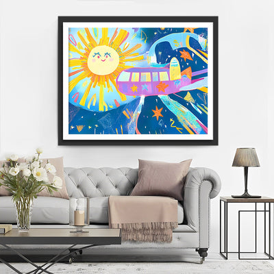 Vaisseau Spatial de Dessin Animé et Soleil Broderie Diamant