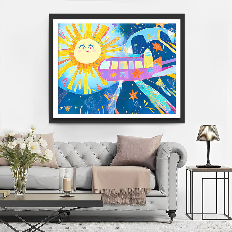 Vaisseau Spatial de Dessin Animé et Soleil Broderie Diamant