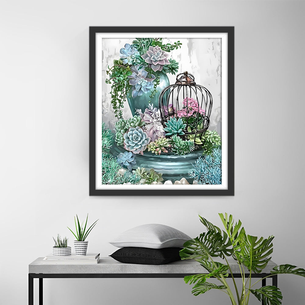 Vase, Cage à Oiseaux et Plante Succulente Broderie Diamant