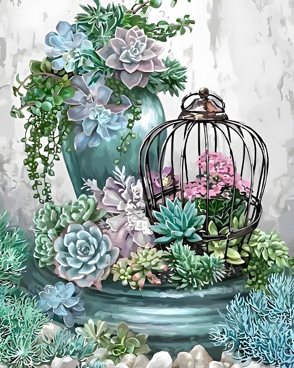 Vase, Cage à Oiseaux et Plante Succulente Broderie Diamant