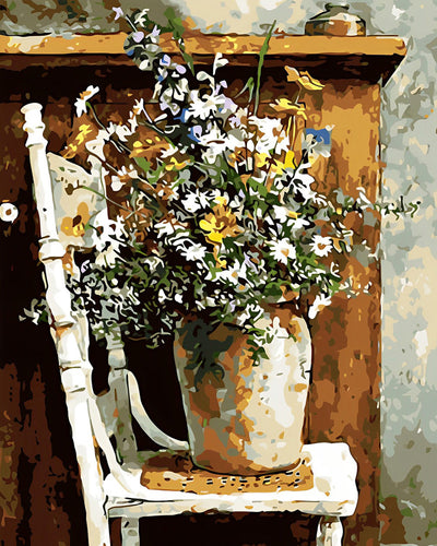 Vase de Marguerites sur Chaise Broderie Diamant