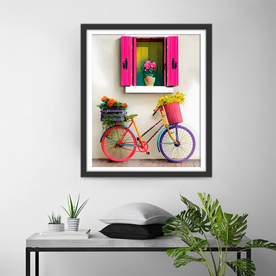 Vélo Arc-en-Ciel sous une Fenêtre Rouge Rose Broderie Diamant