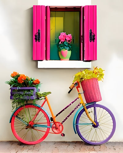 Vélo Arc-en-Ciel sous une Fenêtre Rouge Rose Broderie Diamant