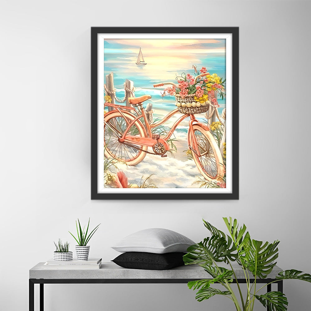 Vélo Rose au Bord de la Mer Broderie Diamant