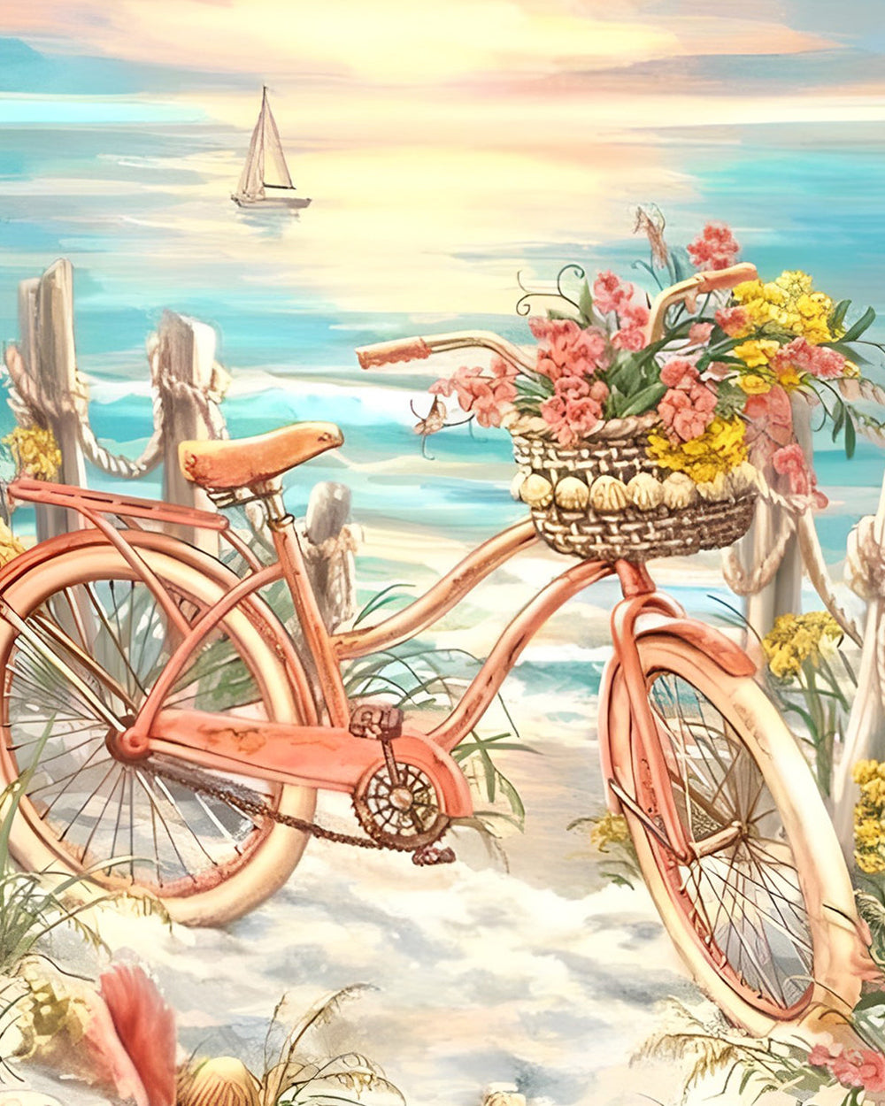 Vélo Rose au Bord de la Mer Broderie Diamant