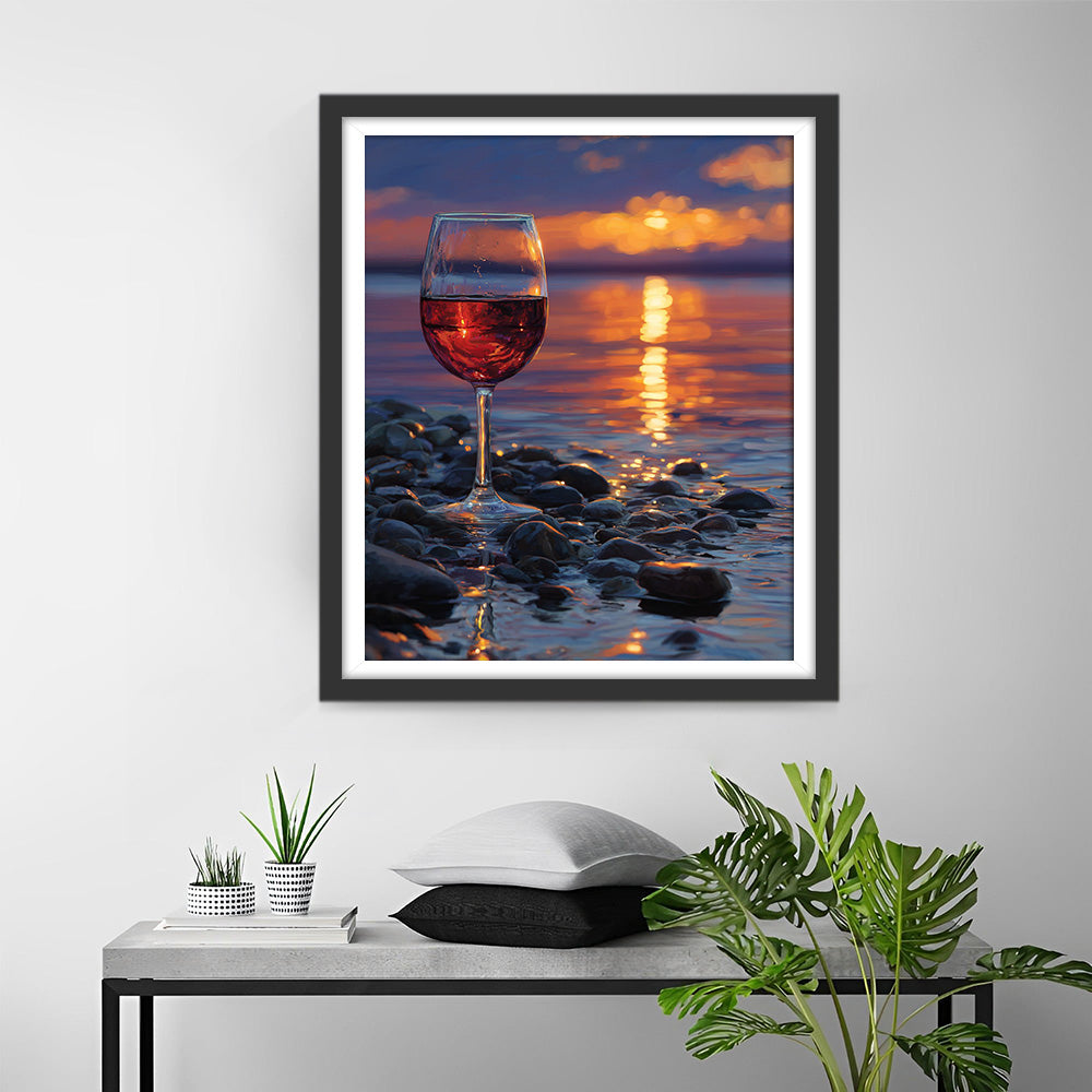Verre de Vin Rouge au Bord de la Mer Broderie Diamant