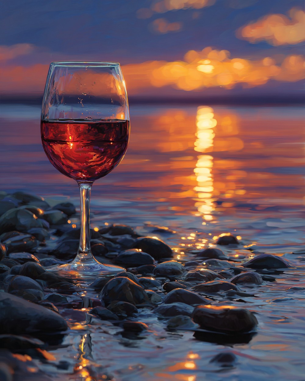 Verre de Vin Rouge au Bord de la Mer Broderie Diamant
