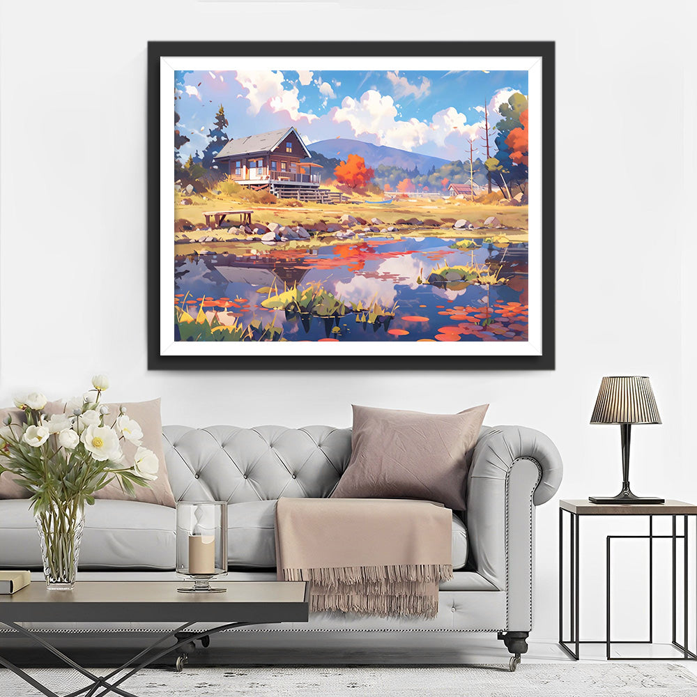 Villa et Étang dans les Montagnes Broderie Diamant