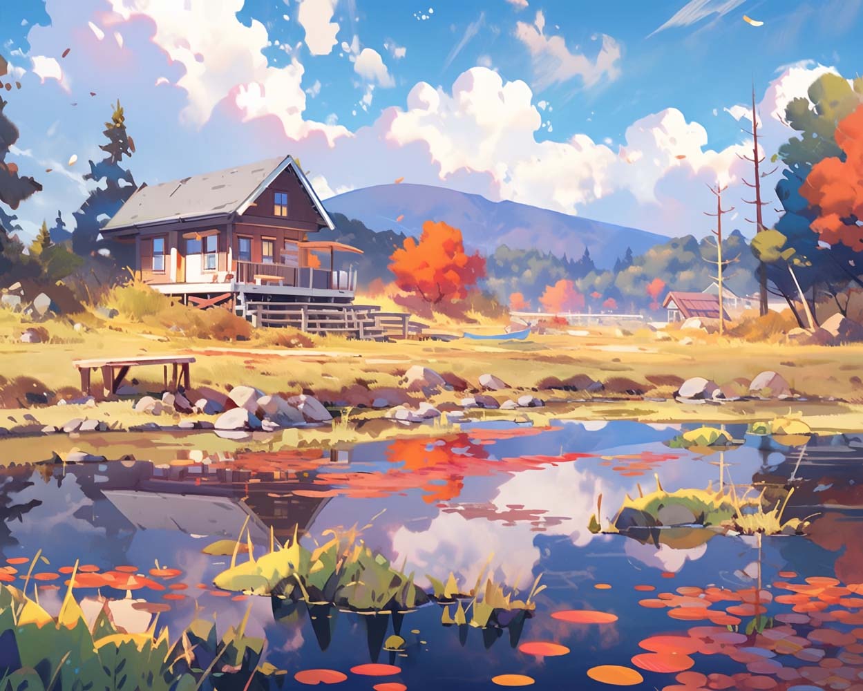 Villa et Étang dans les Montagnes Broderie Diamant