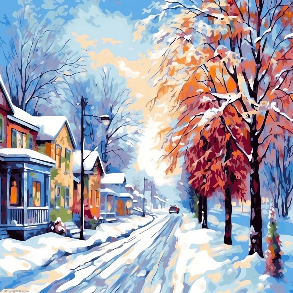 Village Couvert de Neige Broderie Diamant