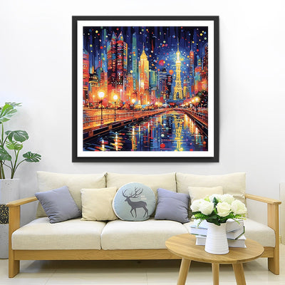 Ville Animée aux Lumières Vives Broderie Diamant