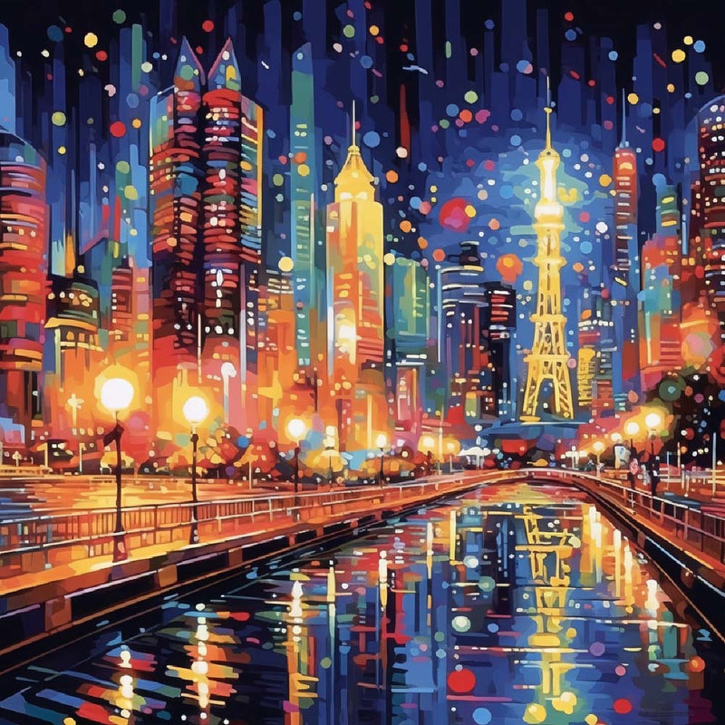 Ville Animée aux Lumières Vives Broderie Diamant