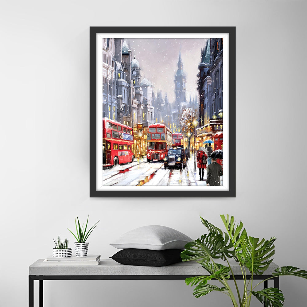 Ville Animée sous une Forte Neige Broderie Diamant